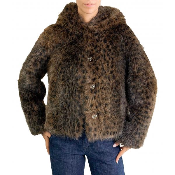 Similpelliccia maculata con bottoni e cappuccio